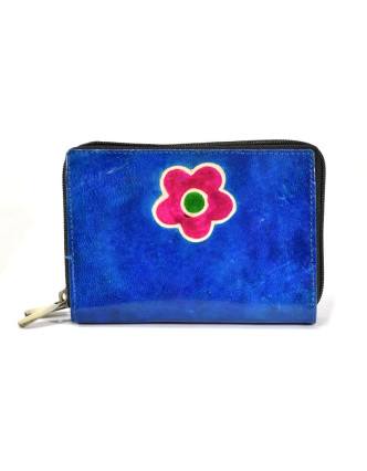 Peněženka design "Flower", ručně malovaná kůže, modrá, 15x10cm