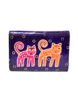 Velká peněženka design "Two Cats", ručně malovaná kůže, fialová, 15x11cm
