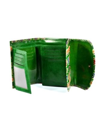 Velká peněženka design "Indian", ručně malovaná kůže, zelená,15x11cm