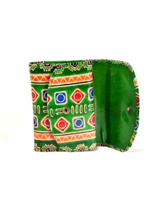 Velká peněženka design "Indian", ručně malovaná kůže, zelená,15x11cm