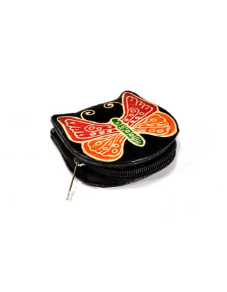 Černá peněženka na drobné s designem motýla, ručně malovaná kůže, 8x8cm