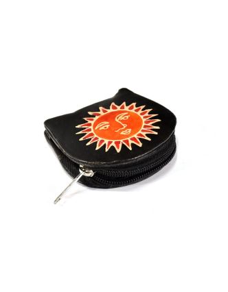 Černá peněženka na drobné s designem slunce, ručně malovaná kůže, 8x8cm