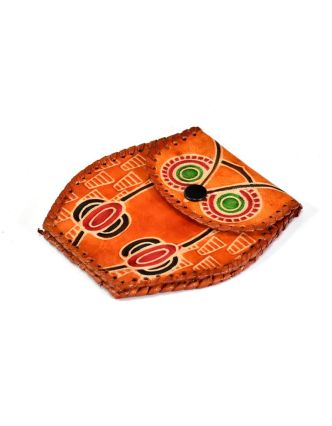 Oranžová peněženka na drobné ve tvaru sovy, ručně malovaná kůže, 11x8cm