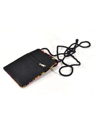 Bohatě vyšívaná malá černá taštička na mobil, samet, suchý zip, 17x12cm