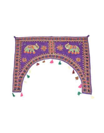 Ručně vyšívaný závěs nad dveře, fialový se slony, sklíčky a třásněmi, 102x75cm