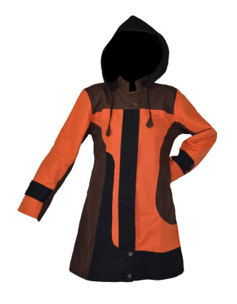Černo oranžový kabátek s kapucí, zapínání na zip, kapsy
