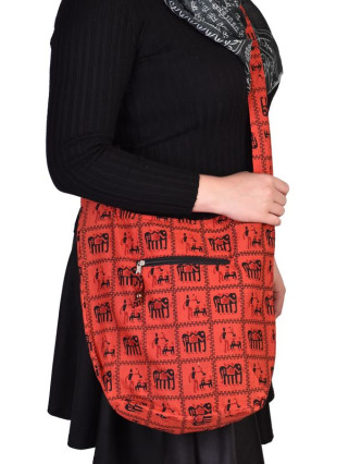 Červené taška přes rameno, potisk sloni, zip, kapsy, 34x37cm