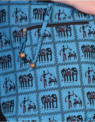 Modrá taška přes rameno, potisk sloni, zip, kapsy, 34x37cm