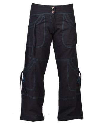 Černo-modré kalhoty s kapsami, spirálová výšivka, zapínání na zip a knoflíky