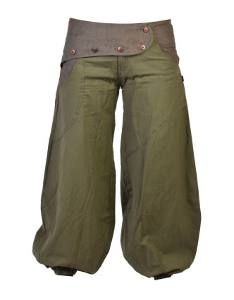 Dlouhé khaki balonové kalhoty s manžestrem, zip a knoflíky, výšivka, kapsy