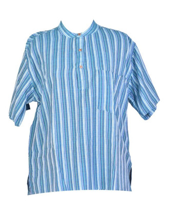 Pruhovaná pánská košile-kurta s krátkým rukávem a kapsičkou, tyrkysová