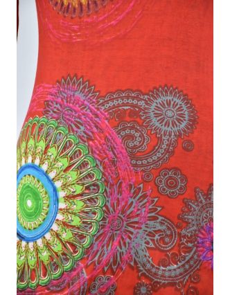 Červené šaty s dlouhým rukávem "Mandala", barevný potisk, výstřih do V