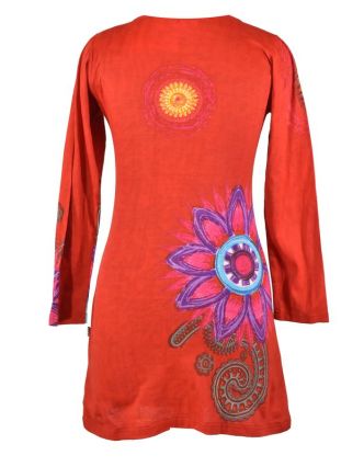 Červené šaty s dlouhým rukávem "Mandala", barevný potisk, výstřih do V