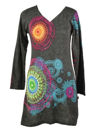 Šedé šaty s dlouhým rukávem "Mandala", barevný potisk, výstřih do V