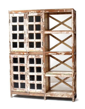 Prosklená skříň z antik teakového dřeva s regálem, 150x30x184cm