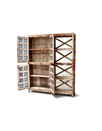 Prosklená skříň z antik teakového dřeva s regálem, 150x30x184cm