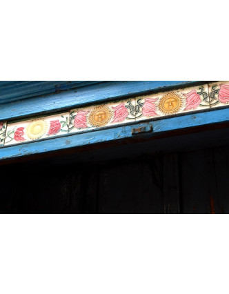 Prosklená skříň z antik teakového dřeva, modrá patina, 100x37x188cm