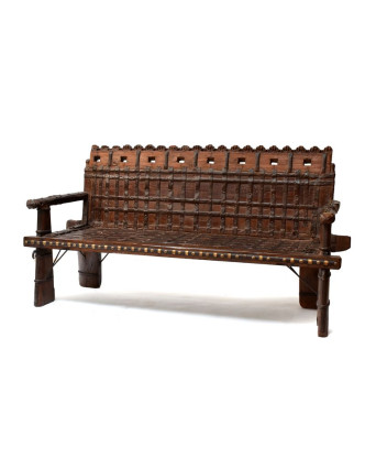 Masivní lavice z antik teakového dřeva s mosazným kováním, 204x58x100cm