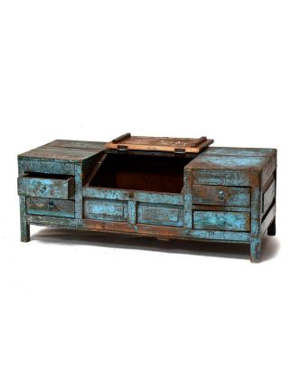 Stolek z teakového dřeva, antik, modrá patina, 107x45x39cm