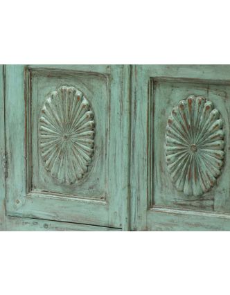 Prosklená skříň z antik teakového dřeva, tyrkysová patina, 78x36x136cm