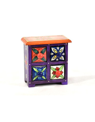 Skříňka se 4 keramickými šuplíky, ručně malovaná, dřevo, 17x10x17cm