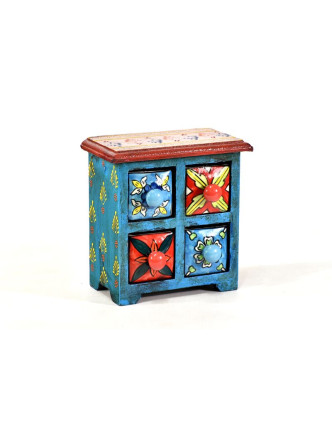 Skříňka se 4 keramickými šuplíky, ručně malovaná, dřevo, 17x10x17cm