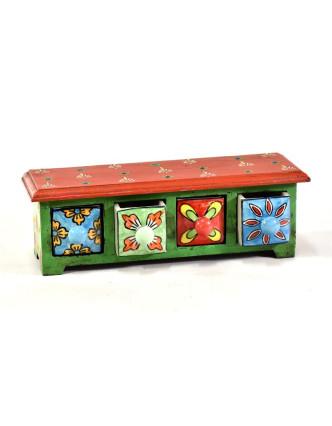 Skříňka se 4 keramickými šuplíky, ručně malovaná, dřevo, 31x10x10cm