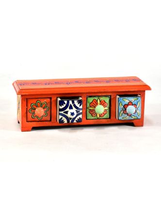 Skříňka se 4 keramickými šuplíky, ručně malovaná, dřevo, 31x10x10cm