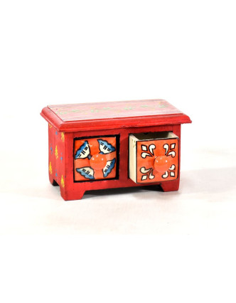 Skříňka se 2 keramickými šuplíky, ručně malovaná, dřevo, 17x10x10cm