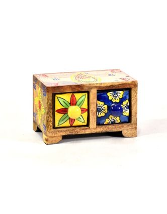Skříňka se 2 keramickými šuplíky, ručně malovaná, dřevo, 15x9x9cm