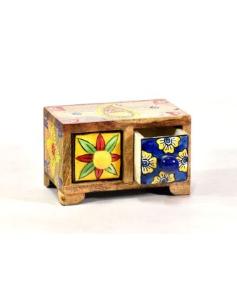 Skříňka se 2 keramickými šuplíky, ručně malovaná, dřevo, 15x9x9cm