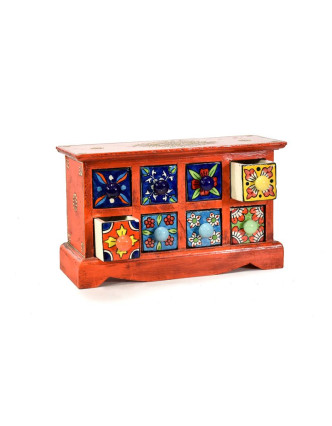 Skříňka s 8 keramickými šuplíky, ručně malovaná, dřevo, 30x12x18cm