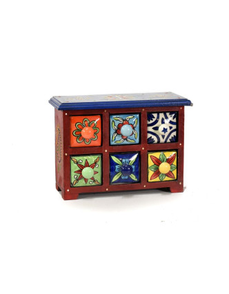 Skříňka se 6 keramickými šuplíky, ručně malovaná, dřevo, 24x9x17cm