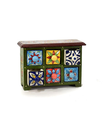 Skříňka se 6 keramickými šuplíky, ručně malovaná, dřevo, 24x9x17cm