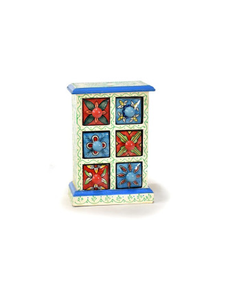 Skříňka se 6 keramickými šuplíky, ručně malovaná, dřevo, 17x10x25cm