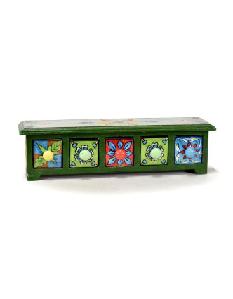 Skříňka s 5 keramickými šuplíky, ručně malovaná, dřevo, 38x10x10cm