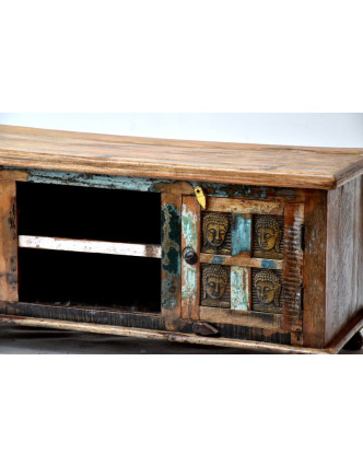 Skříňka pod TV z antik teakového dřeva, mosazné hlavy buddhů, 120x45x50cm