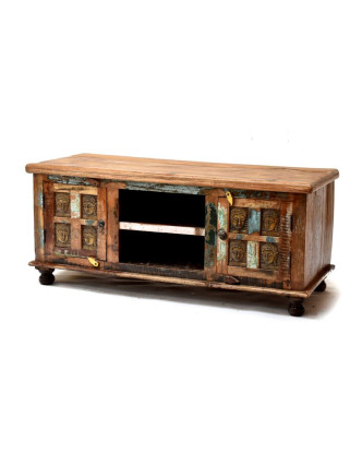 Skříňka pod TV z antik teakového dřeva, mosazné hlavy buddhů, 120x45x50cm