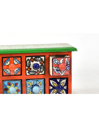 Skříňka s 8 keramickými šuplíky, ručně malovaná, dřevo, 31x10x18cm