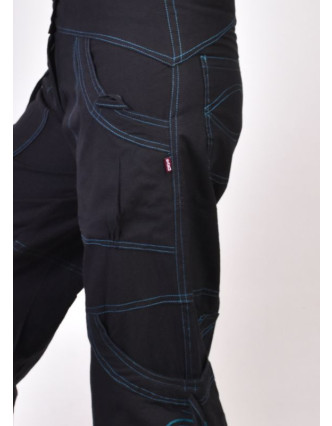 Černo-modré kalhoty s kapsami, spirálová výšivka, zapínání na zip a knoflíky