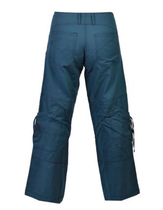 Petrolejové kalhoty s kapsami, spirálová výšivka, zapínání na zip a knoflíky