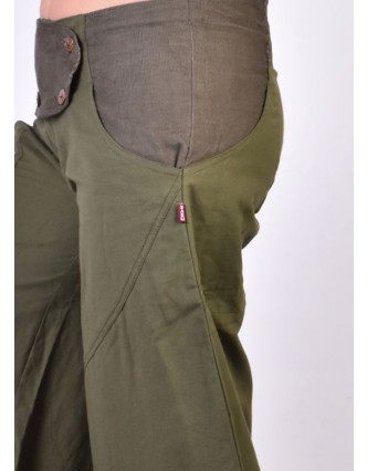 Dlouhé khaki balonové kalhoty s manžestrem, zip a knoflíky, výšivka, kapsy