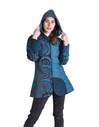 Kabátek s kapucí, mandala print, petrolejově modrá, zapínání na zip a kapsy