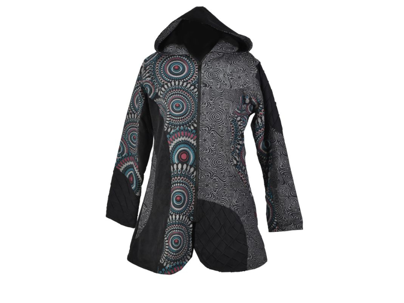 Černo-šedý kabátek s kapucí, mandala print, zapínání na zip a kapsy