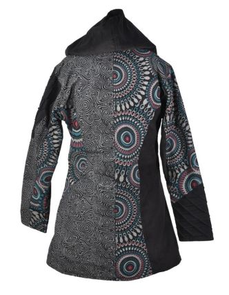 Černo-šedý kabátek s kapucí, mandala print, zapínání na zip a kapsy