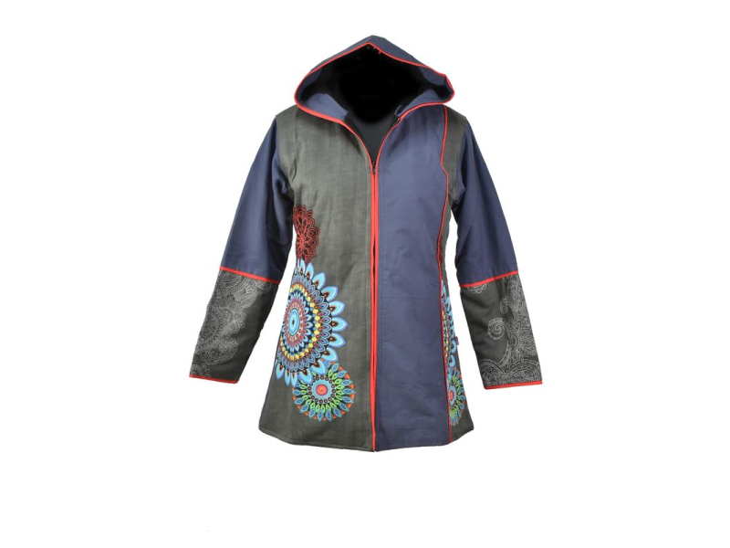 Černo-šedý kabát s kapucí zapínaný na zip, barevný Mandala potisk, lemy