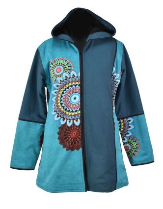 Tyrkysový kabát s kapucí zapínaný na zip, barevný Mandala potisk, lemy