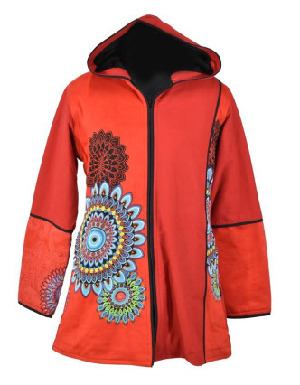 Červený kabát s kapucí zapínaný na zip, barevný Mandala potisk, lemy