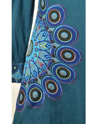 Krátké petrolejové šaty Peacock design s atipickým výstřihem a dlouhým rukávem,