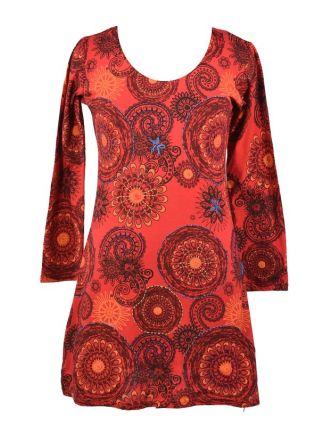 Krátké červené šaty s potiskem mandal, dlouhý rukáv a V výstřih